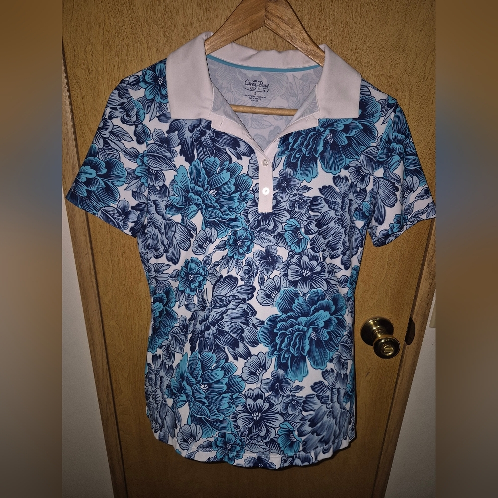 Floral Blue and White Polo Shirt